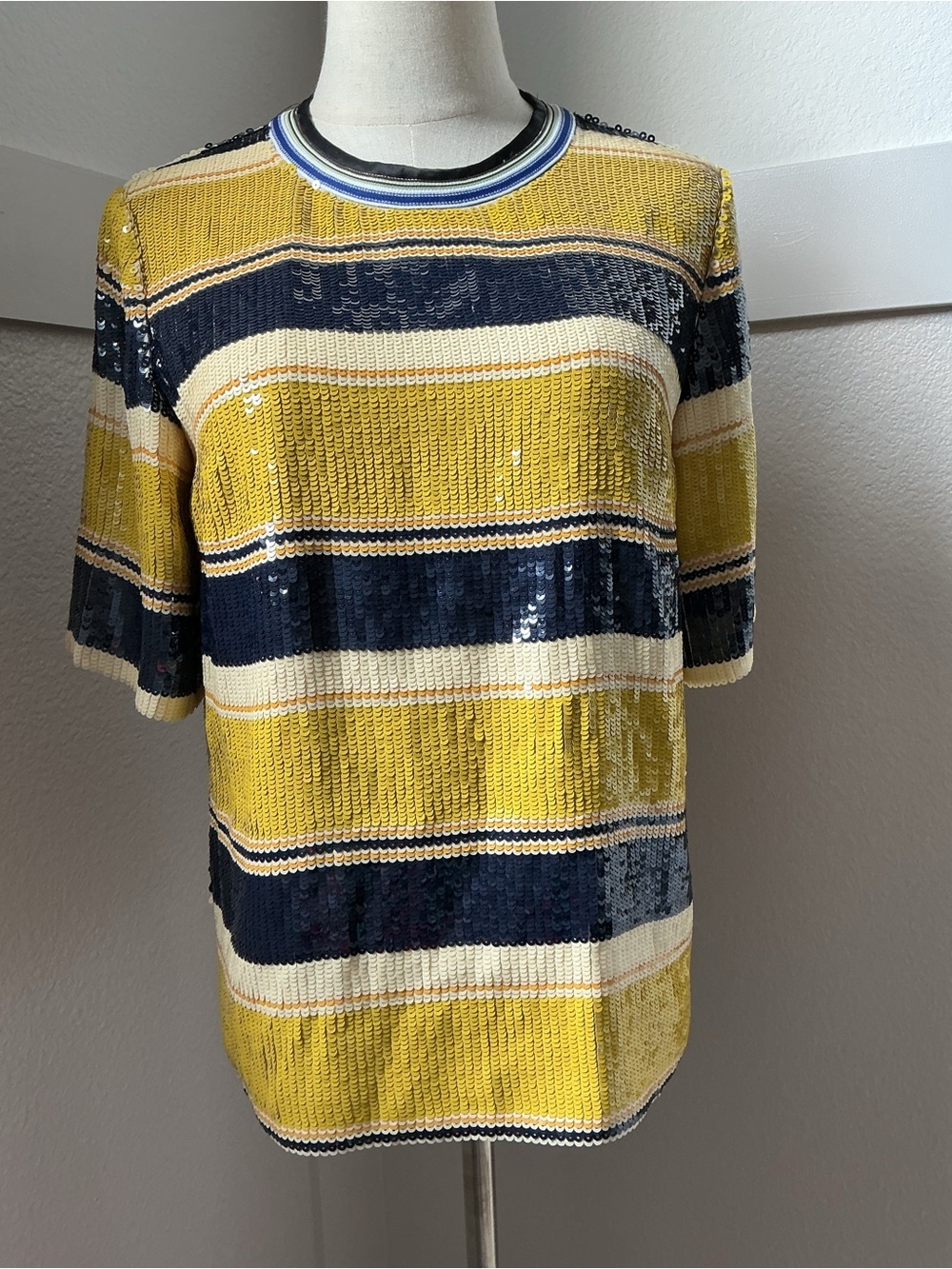 3.1 Phillip Lim Yellow, Navy & Cream Sequin Stripe Short Sleeve Top - Picture 3 of 9